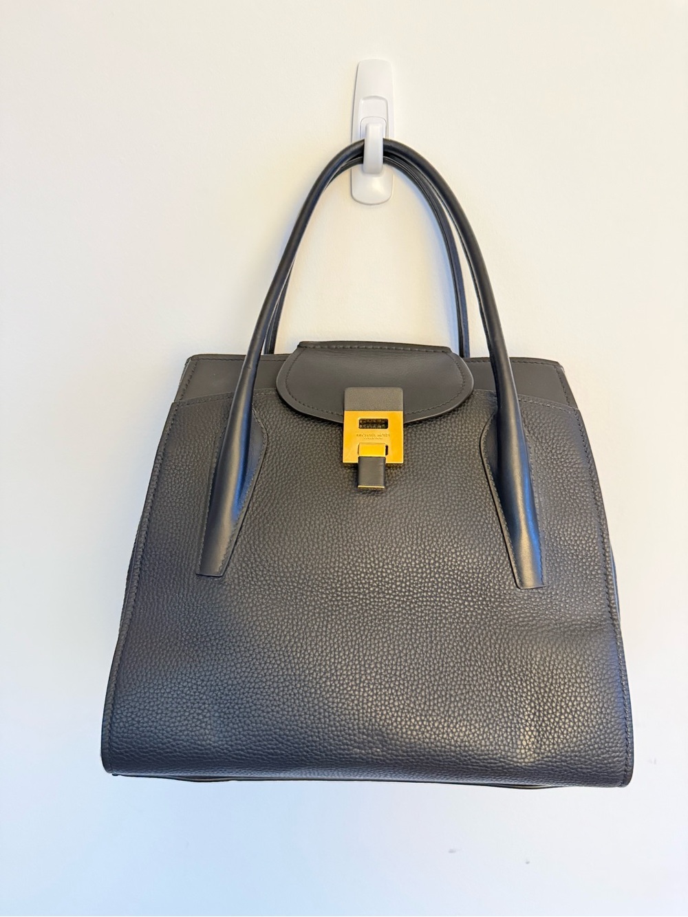 Classic Black Leather Top-Handle Tote with Gold Accent
